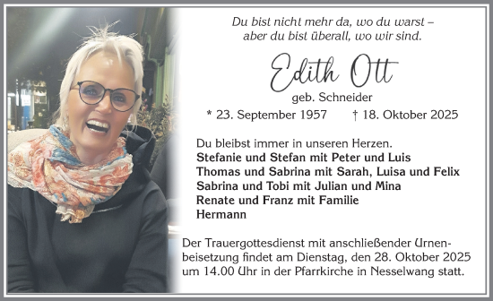 Traueranzeige von Edith Ott von Allgäuer Zeitung, Füssen