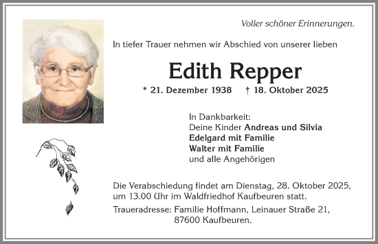 Traueranzeige von Edith Repper von Allgäuer Zeitung, Kaufbeuren/Buchloe