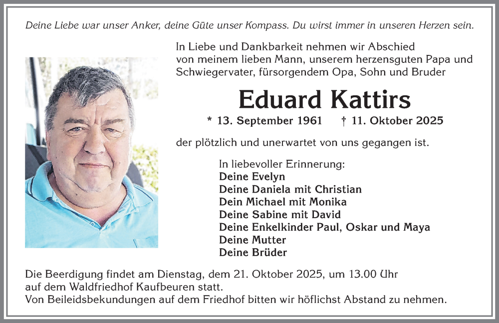  Traueranzeige für Eduard Kattirs vom 18.10.2025 aus Allgäuer Zeitung, Kaufbeuren/Buchloe