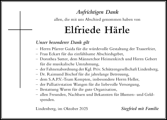 Traueranzeige von Elfriede Härle von Der Westallgäuer