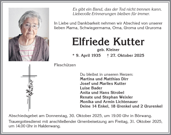 Traueranzeige von Elfriede Kutter von Allgäuer Zeitung,Kempten