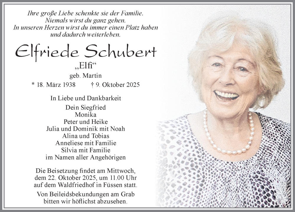  Traueranzeige für Elfriede Schubert vom 18.10.2025 aus Allgäuer Zeitung, Füssen