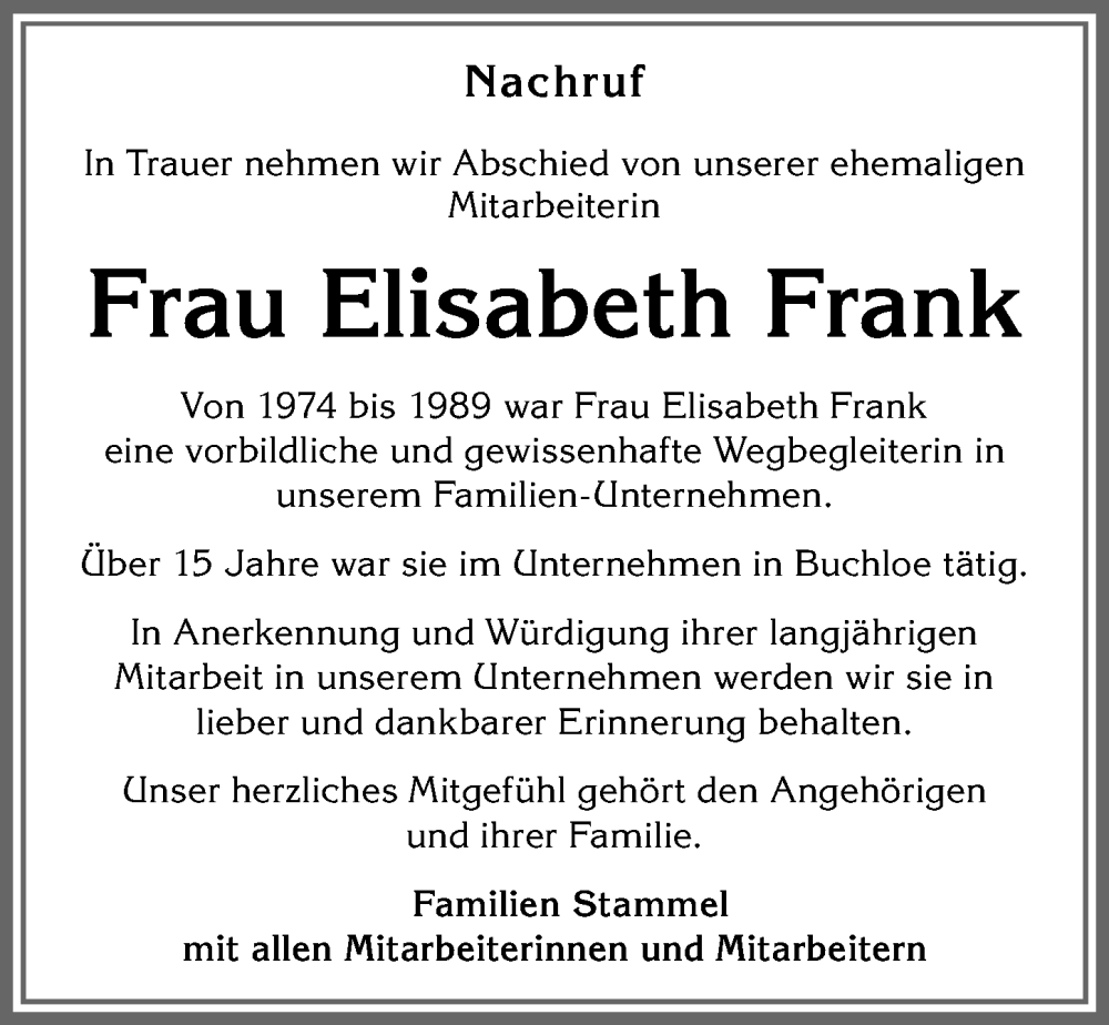  Traueranzeige für Elisabeth Frank vom 09.10.2025 aus Allgäuer Zeitung, Kaufbeuren/Buchloe