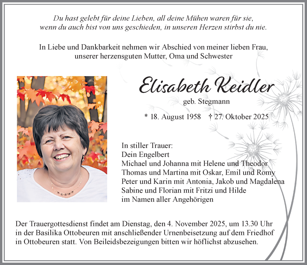  Traueranzeige für Elisabeth Keidler vom 31.10.2025 aus Memminger Zeitung