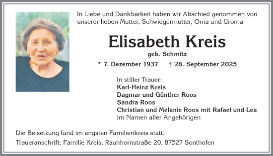Traueranzeige von Elisabeth Kreis von Allgäuer Anzeigeblatt