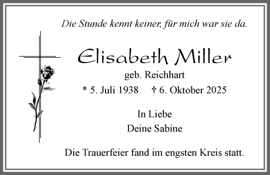 Traueranzeige von Elisabeth Miller von Allgäuer Zeitung, Marktoberdorf