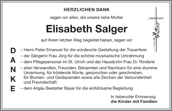 Traueranzeige von Elisabeth Salger von Memminger Zeitung