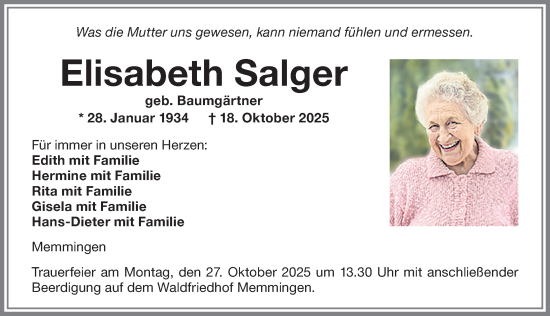 Traueranzeige von Elisabeth Salger von Memminger Zeitung