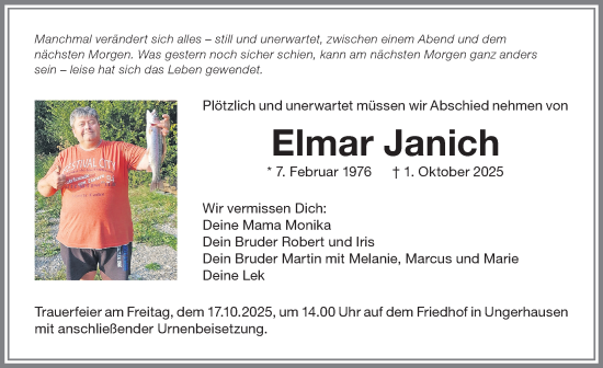 Traueranzeige von Elmar Janich von Memminger Zeitung