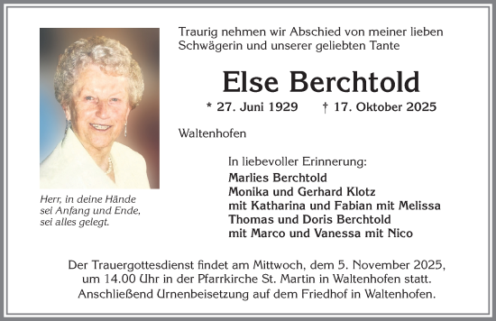 Traueranzeige von Else Berchtold von Allgäuer Zeitung,Kempten