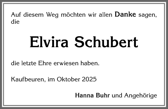 Traueranzeige von Elvira Schubert von Allgäuer Zeitung, Kaufbeuren/Buchloe
