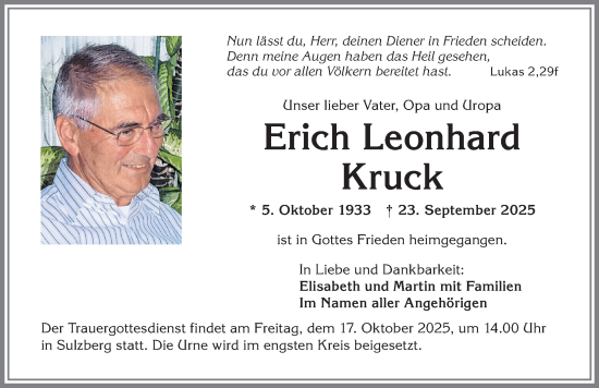 Traueranzeige von Erich Leonhard Kruck von Allgäuer Zeitung,Kempten