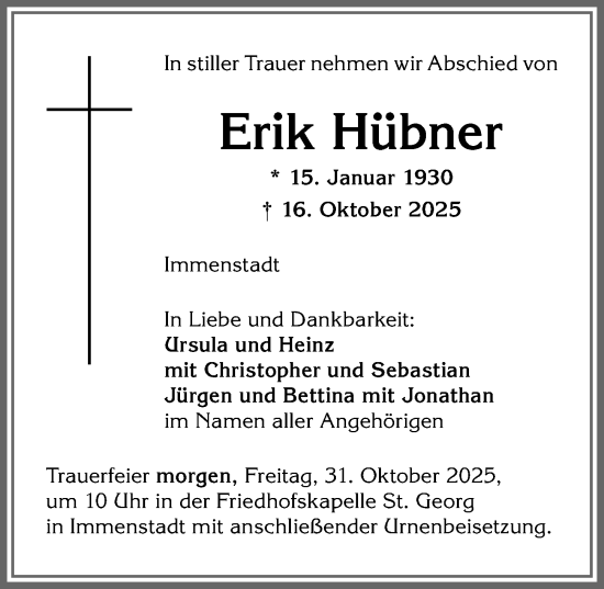 Traueranzeige von Erik Hübner von Allgäuer Anzeigeblatt