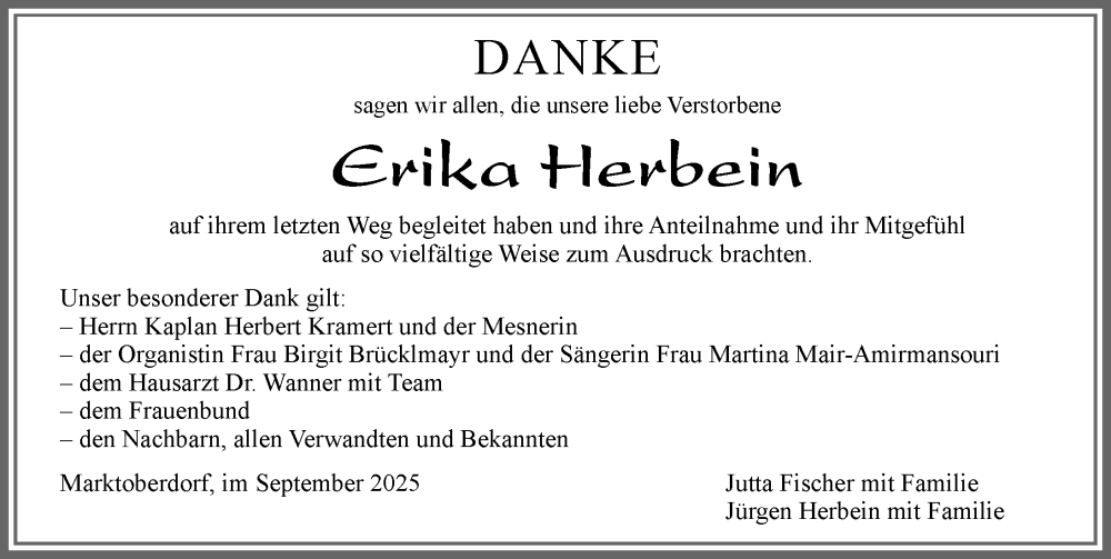  Traueranzeige für Erika Herbein vom 04.10.2025 aus Allgäuer Zeitung, Marktoberdorf