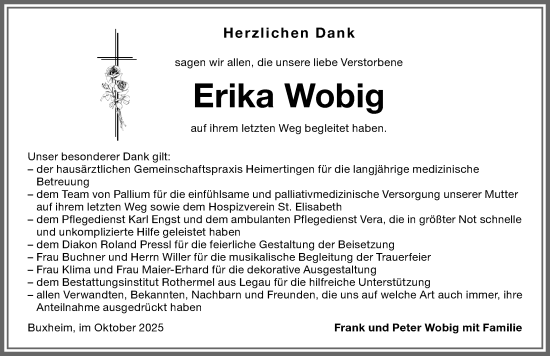 Traueranzeige von Erika Wobig von Memminger Zeitung
