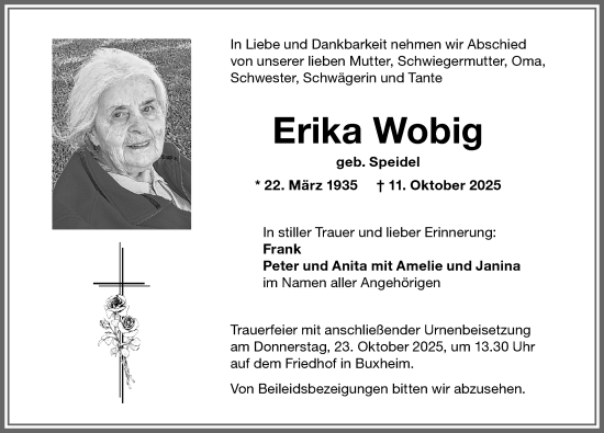 Traueranzeige von Erika Wobig von Memminger Zeitung