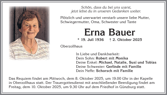 Traueranzeige von Erna Bauer von Allgäuer Zeitung,Kempten