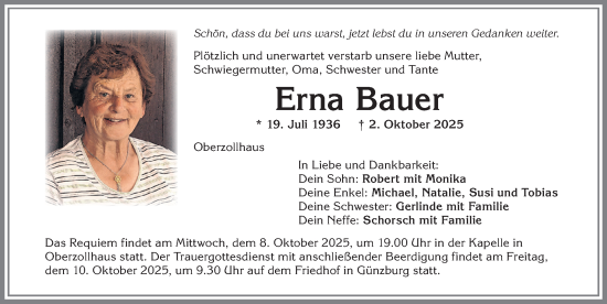 Traueranzeige von Erna Bauer von Augsburger Allgemeine, Günzburger Zeitung