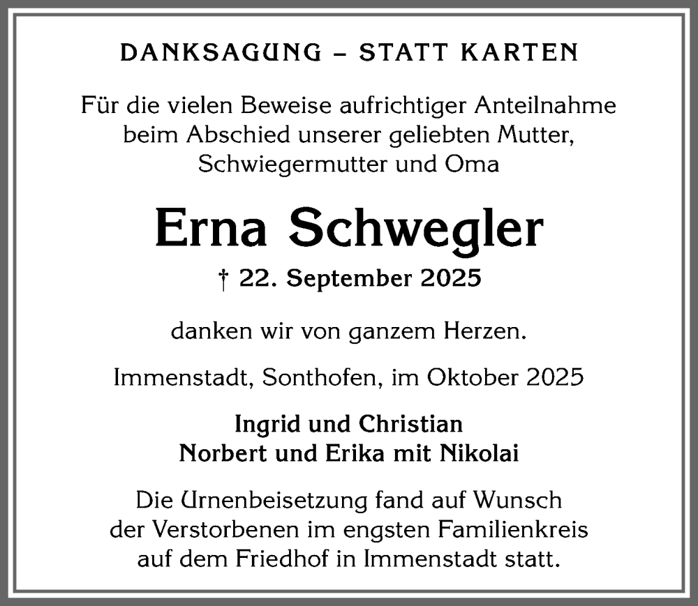  Traueranzeige für Erna Schwegler vom 08.10.2025 aus Allgäuer Anzeigeblatt