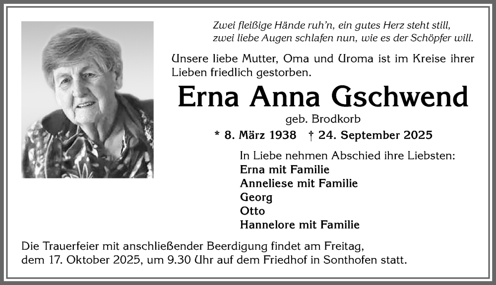  Traueranzeige für Erna Anna Gschwend vom 11.10.2025 aus Allgäuer Anzeigeblatt