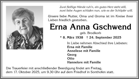 Traueranzeige von Erna Anna Gschwend von Allgäuer Anzeigeblatt