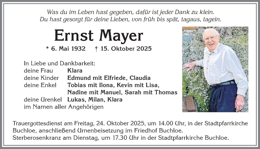  Traueranzeige für Ernst Mayer vom 18.10.2025 aus Allgäuer Zeitung, Kaufbeuren/Buchloe