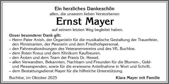 Traueranzeige von Ernst Mayer von Allgäuer Zeitung, Kaufbeuren/Buchloe