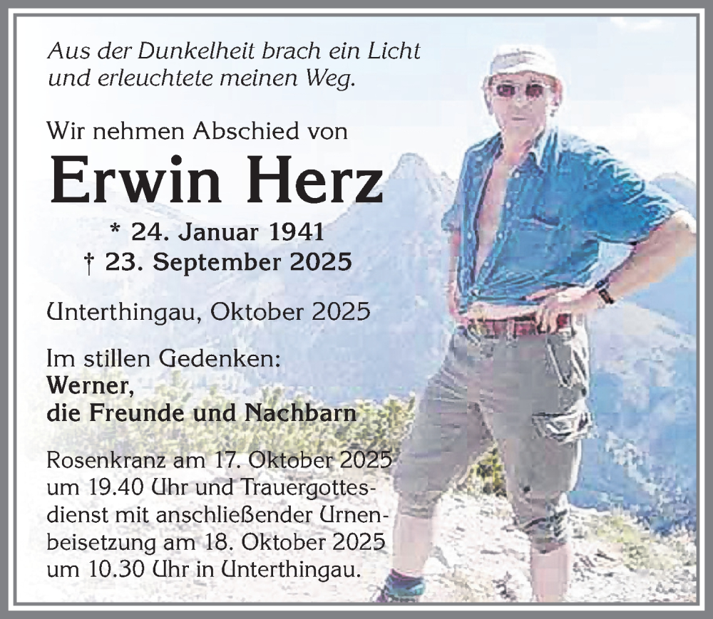  Traueranzeige für Erwin Herz vom 15.10.2025 aus Allgäuer Zeitung, Kaufbeuren/Buchloe