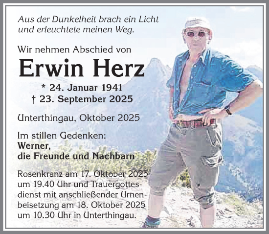 Traueranzeige von Erwin Herz von Allgäuer Zeitung, Kaufbeuren/Buchloe