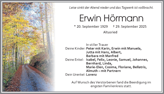 Traueranzeige von Erwin Hörmann von Allgäuer Zeitung,Kempten