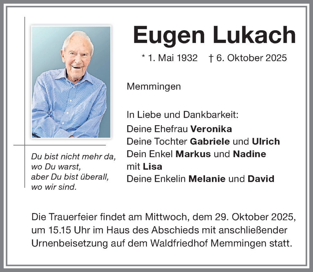  Traueranzeige für Eugen Lukach vom 25.10.2025 aus Memminger Zeitung