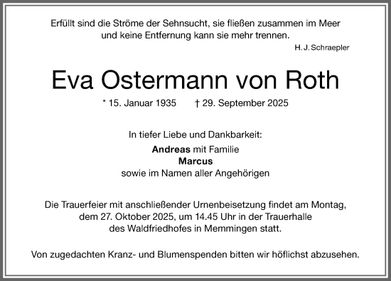 Traueranzeige von Eva Ostermann von Roth von Memminger Zeitung