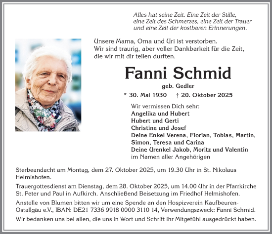 Traueranzeige von Fanni Schmid von Allgäuer Zeitung, Kaufbeuren/Buchloe