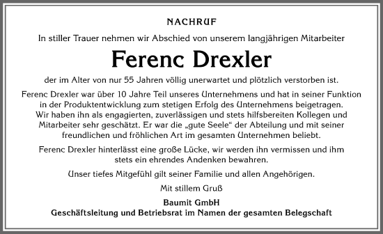 Traueranzeige von Ferenc Drexler von Allgäuer Anzeigeblatt