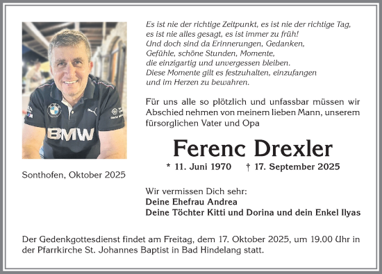 Traueranzeige von Ferenc Drexler von Allgäuer Anzeigeblatt