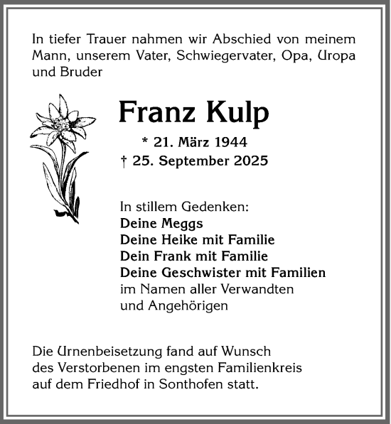 Traueranzeige von Franz Kulp von Allgäuer Anzeigeblatt