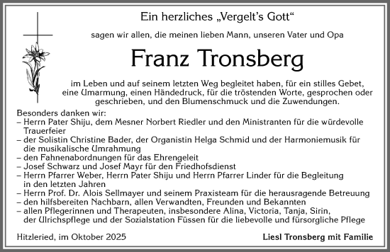Traueranzeige von Franz Tronsberg von Allgäuer Zeitung, Füssen