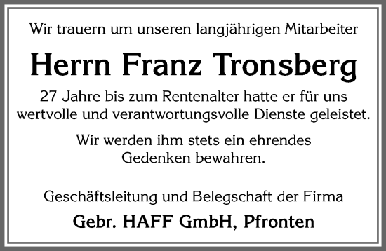 Traueranzeige von Franz Tronsberg von Allgäuer Zeitung, Füssen