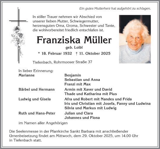 Traueranzeige von Franziska Müller von Allgäuer Anzeigeblatt