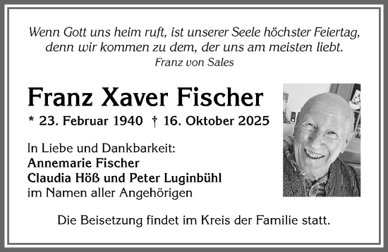 Traueranzeige von Franz Xaver Fischer von Allgäuer Zeitung, Kaufbeuren/Buchloe