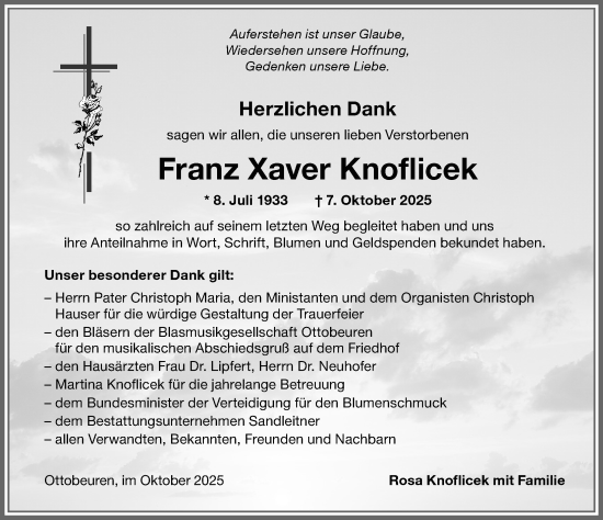 Traueranzeige von Franz Xaver Knoflicek von Memminger Zeitung