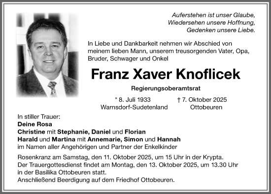 Traueranzeige von Franz Xaver Knoflicek von Memminger Zeitung