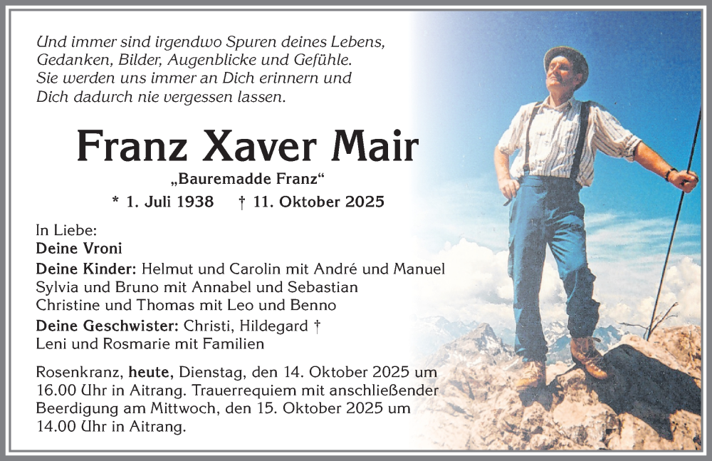 Traueranzeige für Franz Xaver Mair vom 14.10.2025 aus Allgäuer Zeitung,Kempten