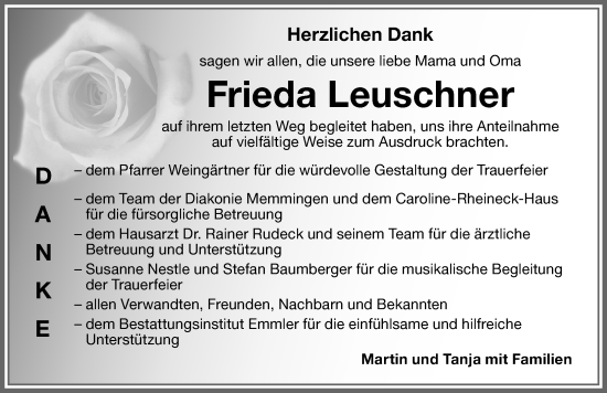Traueranzeige von Frieda Leuschner von Memminger Zeitung