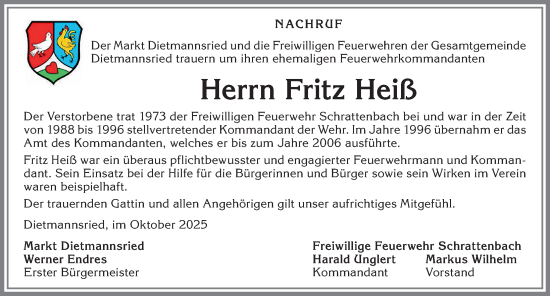 Traueranzeige von Fritz Heiß von Allgäuer Zeitung,Kempten
