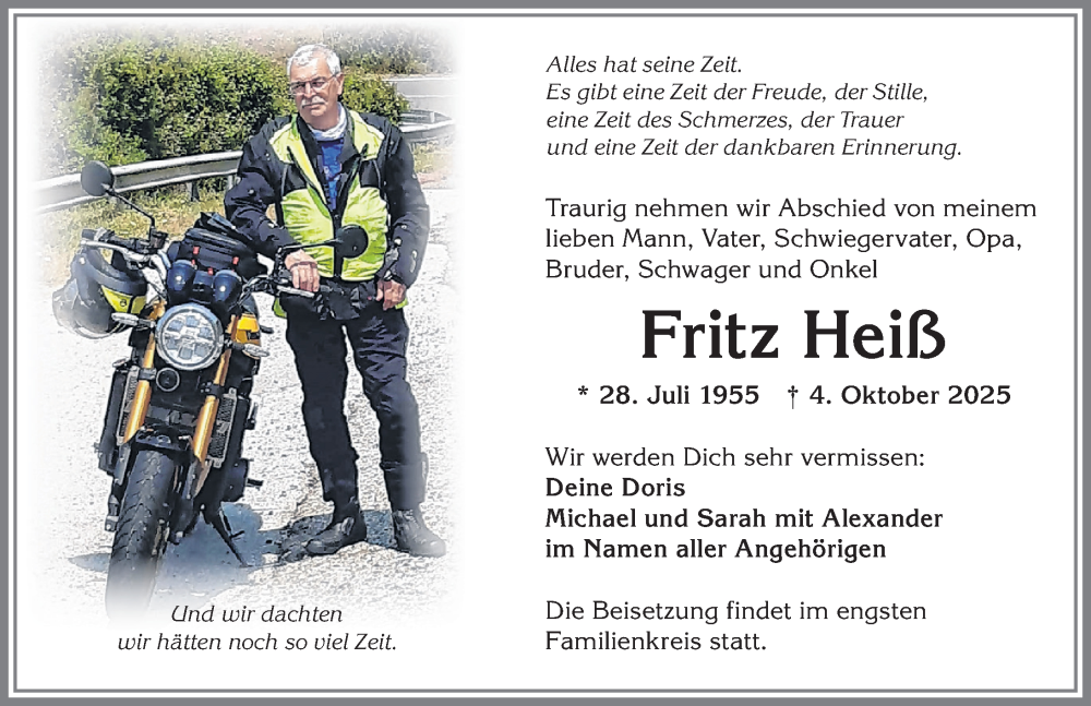  Traueranzeige für Fritz Heiß vom 11.10.2025 aus Allgäuer Zeitung,Kempten