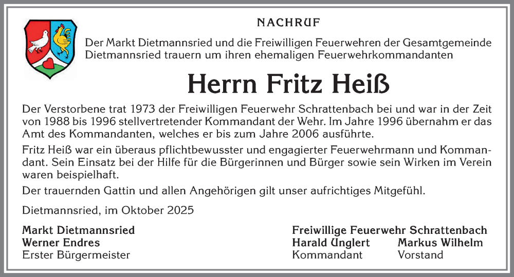  Traueranzeige für Fritz Heiß vom 11.10.2025 aus Allgäuer Zeitung,Kempten