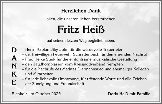 Traueranzeige von Fritz Heiß von Allgäuer Zeitung,Kempten
