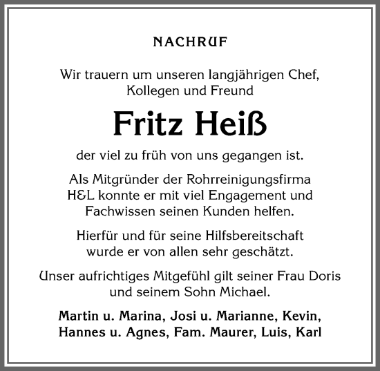 Traueranzeige von Fritz Heiß von Allgäuer Zeitung,Kempten