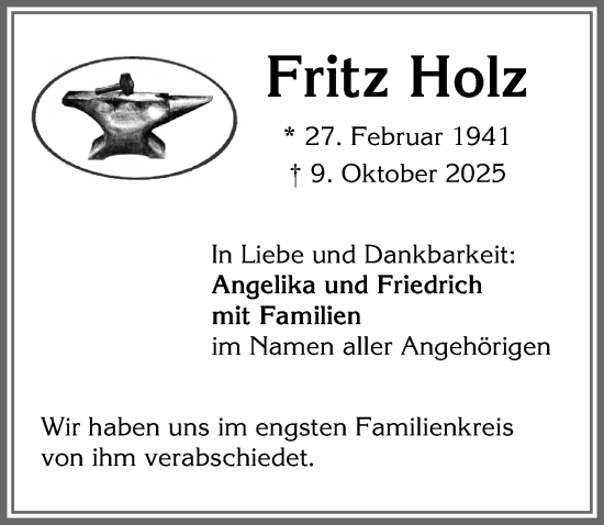 Traueranzeige von Fritz Holz von Allgäuer Zeitung,Kempten